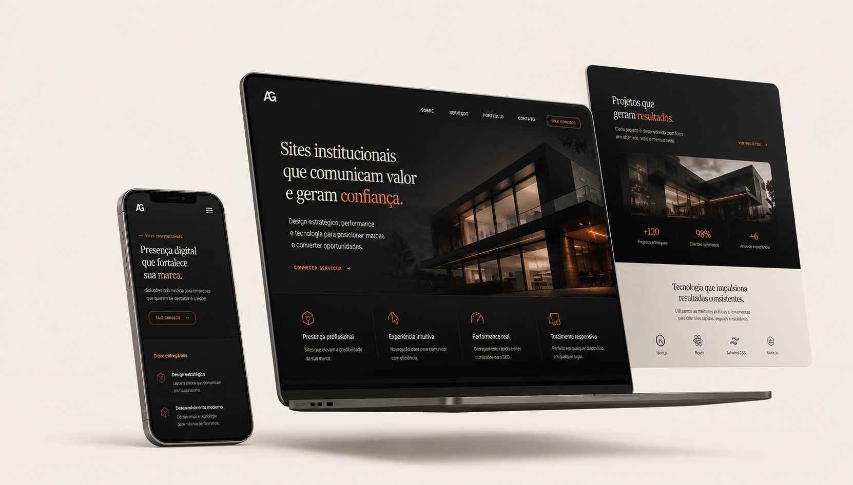 Composição de site institucional em desktop e celular
